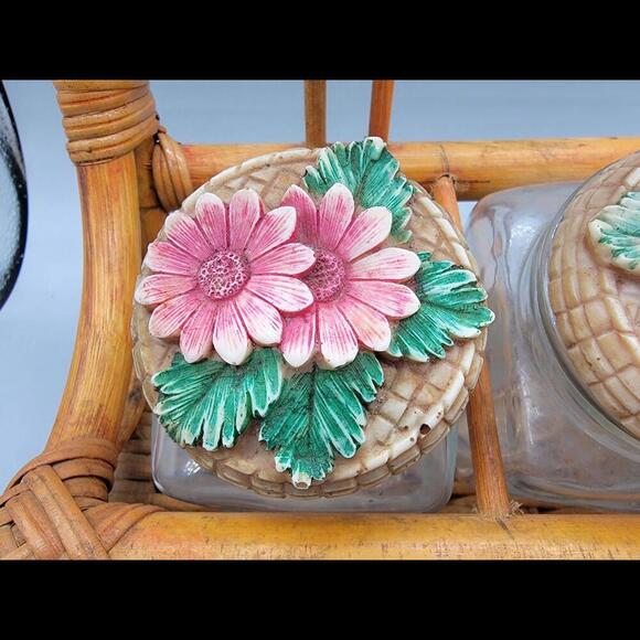 Vintage Retro Set of 3 Tea, Coffee, and Sugar Canisters w/ wicker basket holder - Picture 2 of 8